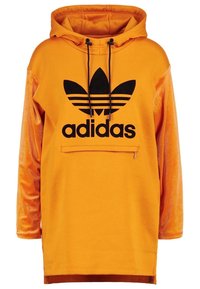 Orange Adidas hoodie klänning med svart logotyp, svarta dragsko, zippered ficka fram och sammetstexturerade ärmar.