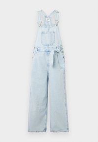 Lichtblauwe denim tuinbroek met verstelbare straps, een voork pocket, brede pijpen en een gestrikte taille detail. Eenvoudig en functioneel ontwerp.