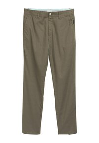 Pantalon slim vert olive avec passants de ceinture, bouton frontal, fermeture éclair, et poches latérales, en tissu mélangé coton-lin.