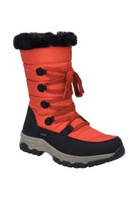 Rote isolierte Winterstiefel mit schwarzer Gummisohle, ausgestattet mit einem Kunstpelzkragen, Schnürdesign und gepolsterten Bereichen für Wärme.