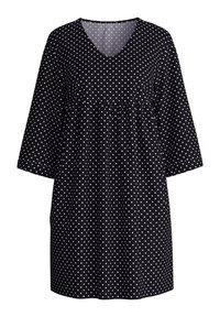 Schwarzes Kleid mit weißen Punkten, V-Ausschnitt und dreiviertel Ärmeln. Mit einer gerafften Taille für eine lockere Passform.