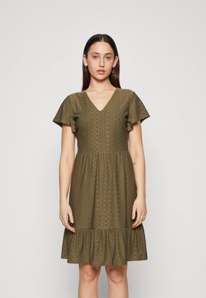 Olive green dress with a V-neck and short flutter sleeves, featuring a textured pattern and a ruffled hemline. Cotton blend material.