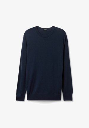Mørkeblå langærmet sweater lavet af blødt strikstof. Har en rund halsudskæring og ribbede manchetter og kant. Glat tekstur, ingen mønstre.