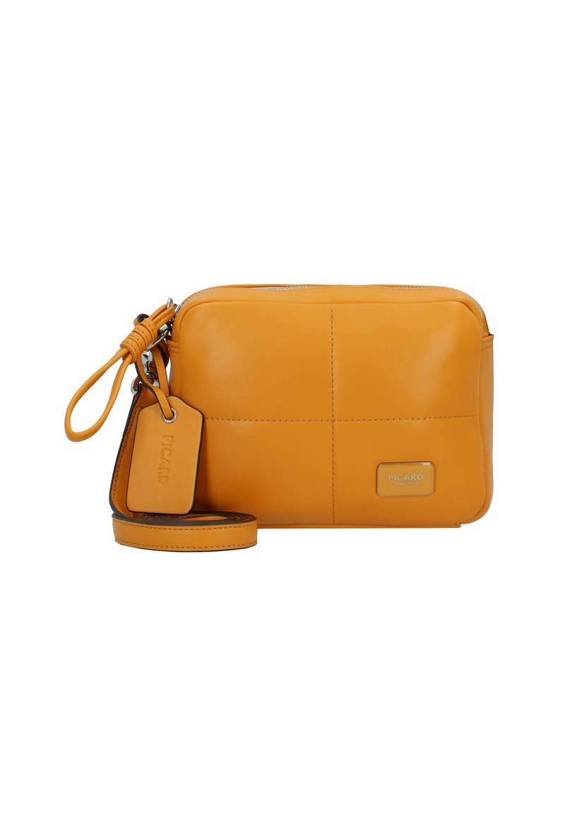 Borsa a tracolla gialla in pelle con texture liscia, forma rettangolare, chiusura con zip e tracolla staccabile. Presenta dettagli con logo.