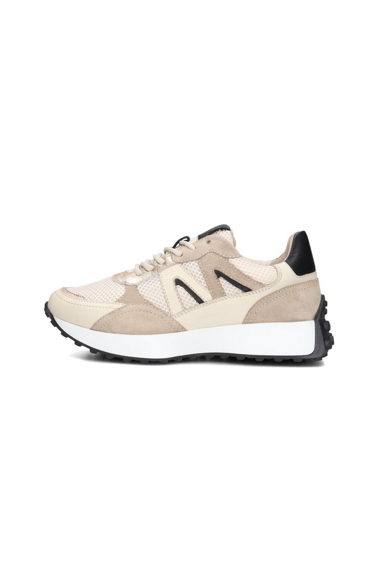 Beige mesh and suede sneaker with black accents, white midsole, and textured rubber outsole. Features a lace-up closure and breathable design.