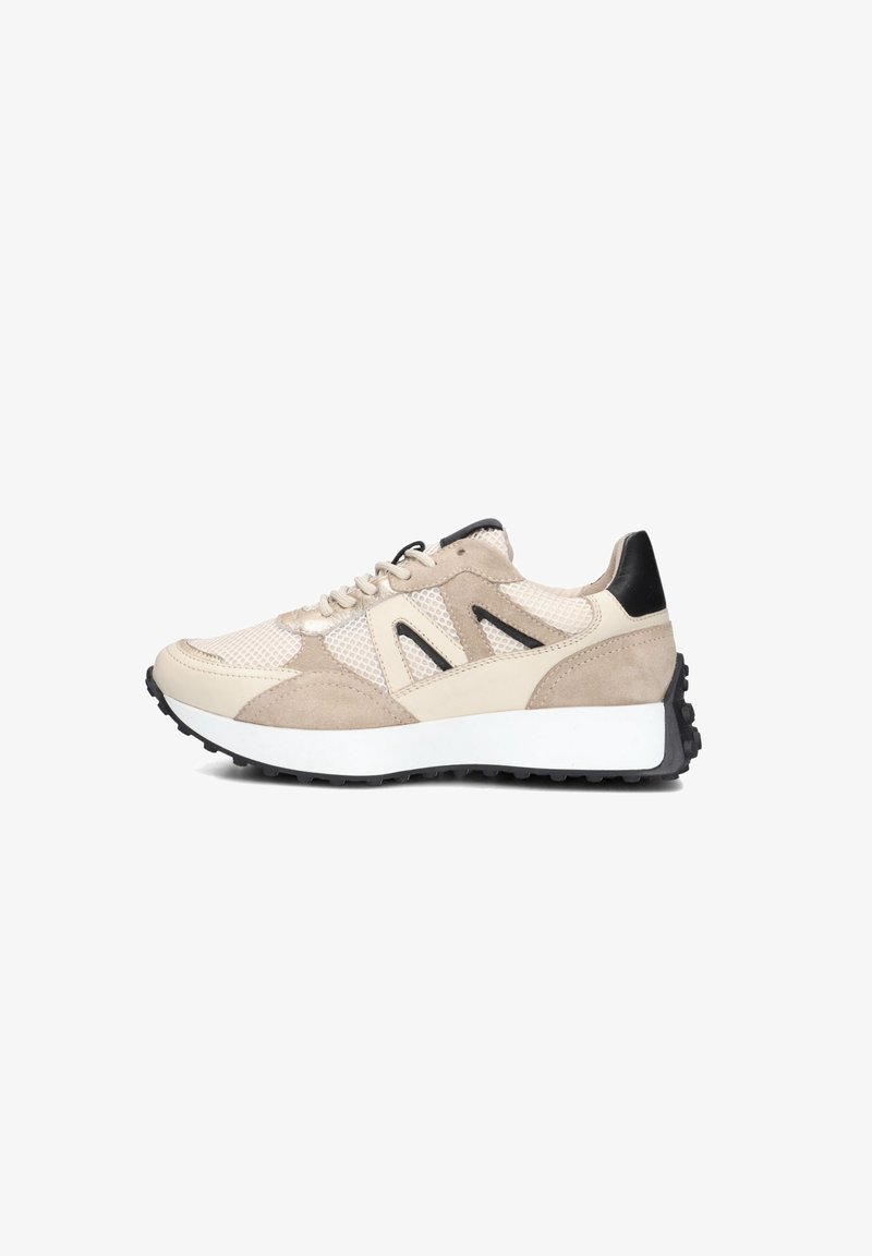 Beige mesh and suede sneaker with black accents, white midsole, and textured rubber outsole. Features a lace-up closure and breathable design.
