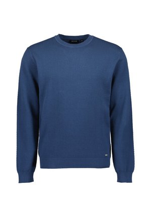 Heren medium blauwe gestructureerde gebreide trui met ronde hals, lange mouwen en geribde boorden en zoom.