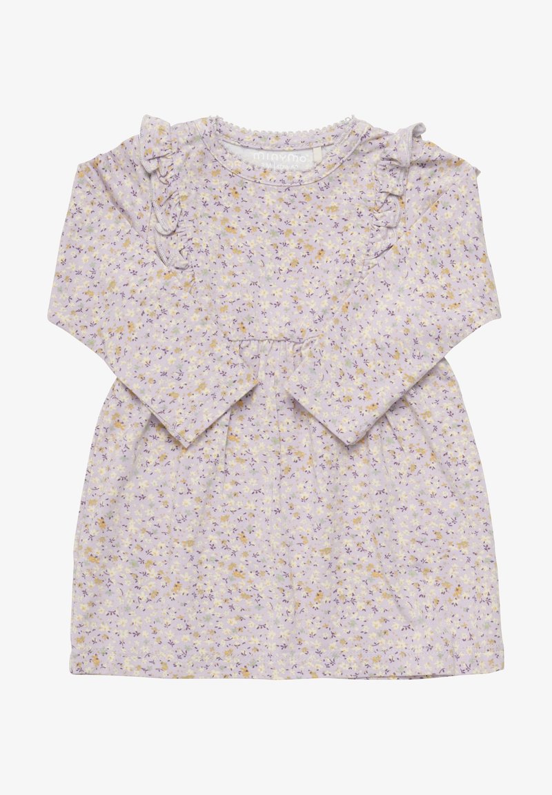 Robe bébé à manches longues lilas avec petit imprimé floral blanc et jaune et bordure à volants aux épaules.