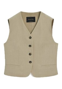 Gilet beige senza maniche con scollo a V, quattro bottoni scuri sul davanti e due tasche a fessura orizzontali vicino all'orlo.