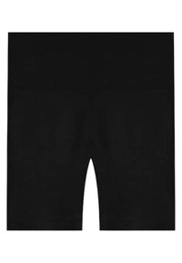 Pantalones cortos deportivos negros con una tela suave y elástica y una cinturilla elástica. Longitud hasta el muslo con costuras o patrones invisibles.