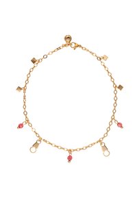 Guldkædearmbånd med geometriske detaljer og røde perler, lås lukning, letvægtsdesign og vekslende teksturerede led.