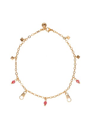 Arany lánc karkötő geometrikus részletekkel és piros gyöngyökkel, kapcsos záródás, könnyű kialakítás és váltakozó textúrájú láncok.