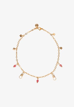 Bracciale in oro con accenti geometrici e perline rosse, chiusura a diventare, design leggero e anelli testurizzati alternati.