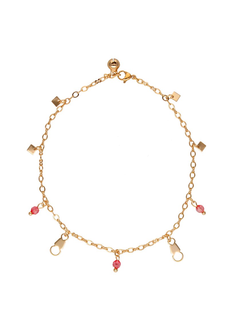 Guldkædearmbånd med geometriske detaljer og røde perler, lås lukning, letvægtsdesign og vekslende teksturerede led.