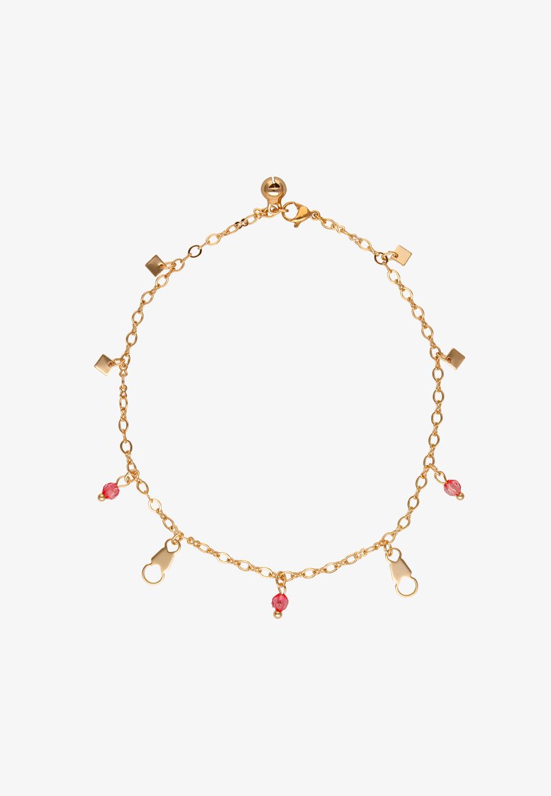 Guldkædearmbånd med geometriske detaljer og røde perler, lås lukning, letvægtsdesign og vekslende teksturerede led.