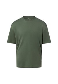 T-shirt a maniche corte con scollo tondo in verde scuro, realizzata in tessuto morbido con una texture liscia e una vestibilità comoda. Senza motivi o elementi hardware visibili.