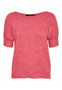 Pink knitted short-sleeve sweater with a wide neckline, soft texture, and a relaxed fit. Features a ribbed hem at the sleeves.