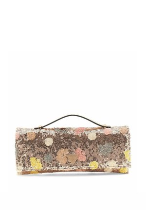 Pochette rectangulaire avec poignée, recouverte de sequins multicolores et un petit logo triangulaire de la marque au centre.