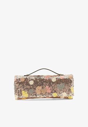 Pochette rectangulaire avec poignée, recouverte de sequins multicolores et un petit logo triangulaire de la marque au centre.