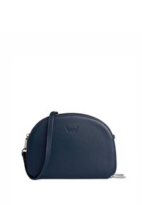 Navy blue leather crossbody bag with a rounded shape, zip closure, and embossed logo detail on the front. Adjustable strap included.