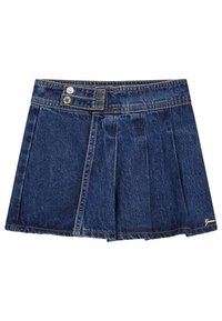 Denimnederdel med plisseringer, let falmning og lukning med to knapper i taljen. Mørkeblå farve med kontraststing og logo ved kanten.