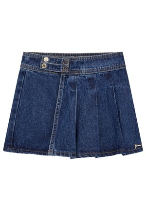 Gonna di denim con pieghe, leggero sbiadimento e chiusura in vita con due bottoni. Colore blu scuro con cuciture a contrasto e logo sull'orlo.