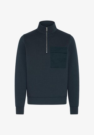 Heren pullover sweatshirt in donkermarine, met een hoge kraag, ritssluiting en een linker borstzak met tonale stiksels. Zachte textuur.