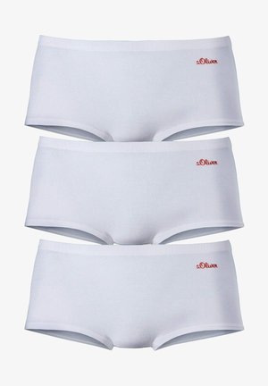 Trys baltų medvilninių apatinių šortų poros su lygiu paviršiumi ir elastinga juostele, šone su smulkiu raudonu s.Oliver logotipu.