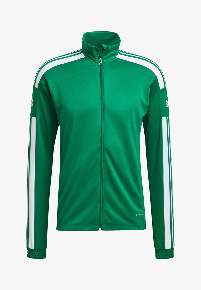 Green athletic jacket with high collar, full zipper, white side stripes, and ribbed cuffs. Made from smooth, lightweight fabric.