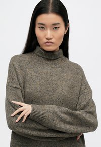 Kootud pruun sviiter kõrge kaelusega, lõdva istuvusega ja soonikkätistega. Omab tekstuurset mustrit, kus on peenikesed oranžid täpid.