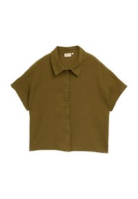 Cămașă cu mâneci scurte, cu nasturi, de culoare verde măsliniu, confecționată dintr-un material texturat cu un finisaj plisat. Dispune de un guler clasic și o croială lejeră.