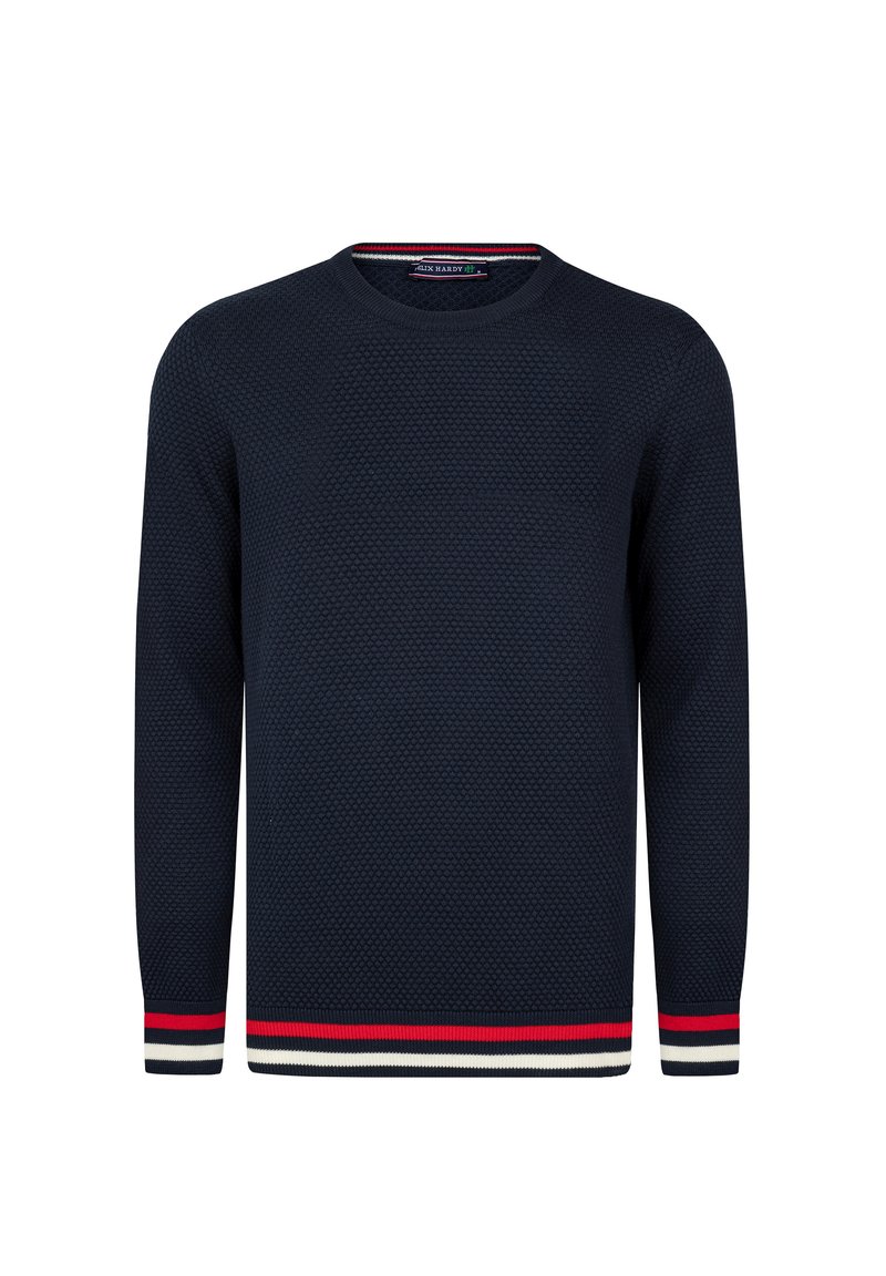 Maglione strutturato blu marino con scollatura rotonda, con polsini a strisce in rosso, bianco e blu. Realizzato in un morbido materiale lavorato a maglia.