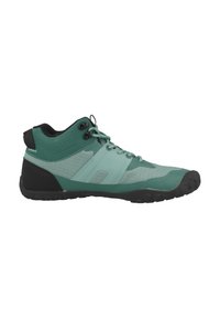 Green high-top shoes featuring a mix of mesh and synthetic material, textured accents, reinforced toe, and a rubber sole with a grip pattern.