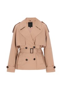 Beige dobbeltradet trenchcoat med bred krave, bælte i taljen, to lommer foran og brune knapper; skræddersyet silhuet med skulderdetaljer.