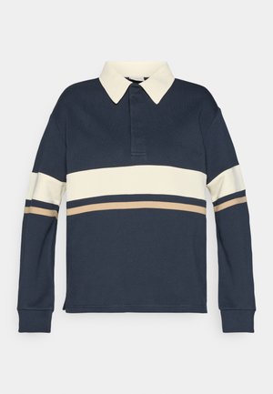 Granatowa koszulka polo z długim rękawem, ozdobiona poziomymi kremowymi i beżowymi paskami, z klasycznym kołnierzykiem i luźnym krojem.