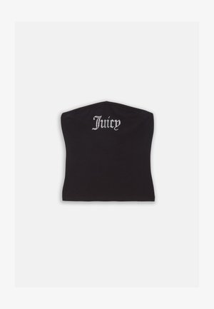 Čierny priliehavý crop top s hladkou textúrou a zakriveným výstrihom, ozdobený kamienkovým nápisom "Juicy" na prednej strane.