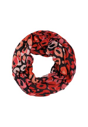 Red and black infinity scarf made of lightweight fabric, featuring a varied abstract leopard print in shades of red, pink, and black.