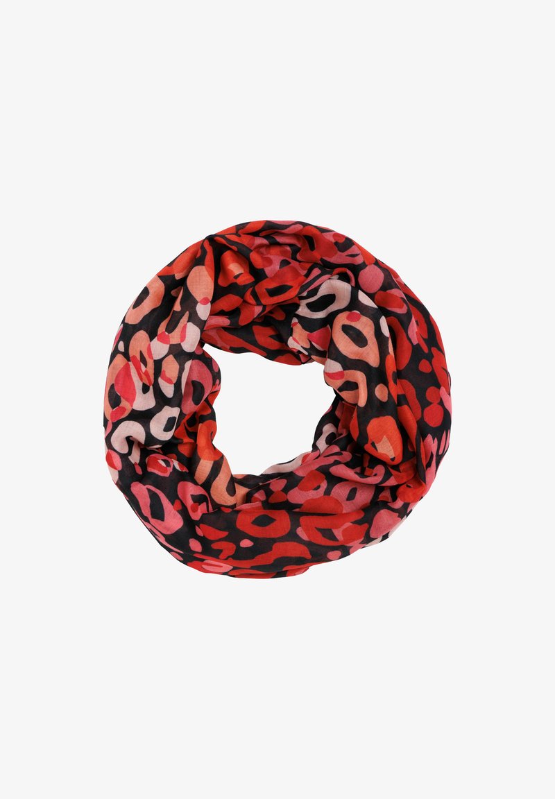 Red and black infinity scarf made of lightweight fabric, featuring a varied abstract leopard print in shades of red, pink, and black.
