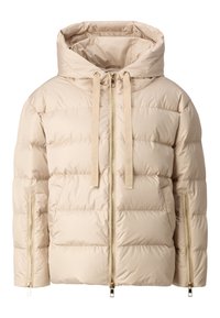 Beige, gewatteerde puffer jacket met een capuchon, voorzien van gouden ritsen en trekkoordaccenten, een gladde textuur en een boxy vorm.