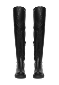 Cizme negre din piele ecologică, peste genunchi, cu o textură netedă, vârf rotund și fermoar pe lateral. Prezintă o talpă din cauciuc rezistentă și cusături întărite.
