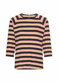 Stribet trøje med trekvartærmer i beige, navy og rød. Blødt stof med en afslappet pasform og rund halsudskæring. Ingen bemærkelsesværdige detaljer eller accenter.