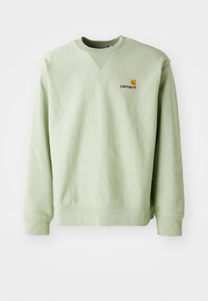 Light green sweatshirt made of cotton blend. Features ribbed cuffs and hem, with a small embroidered logo on the chest. Simple design, crew neck.