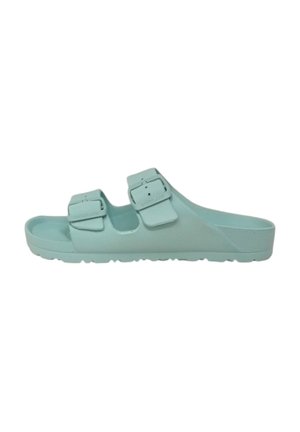 Sandali azzurri leggeri senza lacci con due fibbie regolabili, suola piatta e soletta testurizzata per il comfort. Realizzati in materiale sintetico durevole.