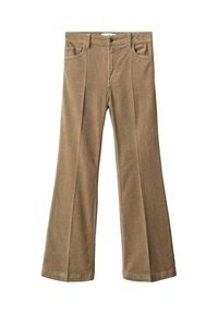 Pantalones de pana marrón acampanados con una cintura estructurada, bolsillos frontales y una textura suave. Presenta un cierre de botón y cremallera.
