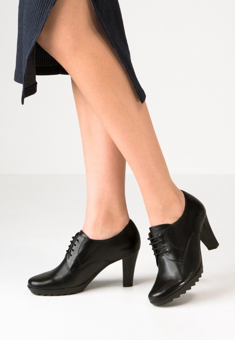 Chaussures en cuir noir à talons avec des orteils ronds, dotées de lacets et d'une semelle texturée. Les chaussures présentent un design élégant et une hauteur modérée.