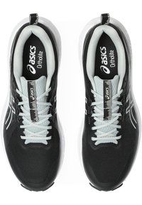 Black athletic shoes with mesh uppers, light blue laces, and white soles. Features a prominent ASICS logo and Ortholite branding.