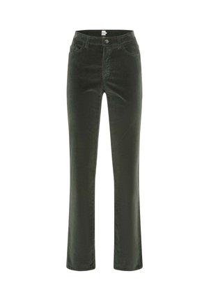 Pantaloni in corduroy verde scuro con vita aderente, tasche frontali e gamba dritta. Presentano una superficie liscia e un leggero lucido.