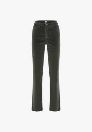 Pantalons en velours côtelé vert foncé avec une taille ajustée, des poches avant et des jambes droites. Texture lisse et léger éclat présents.