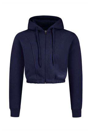 Navy cropped huppari, jossa on vetoketju edessä, säädettävä huppu ja ribbaus hihansuissa. Sisältää pystysuorat saumat ja tekstuuripinnan.