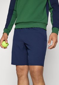 Uomo che indossa una maglietta sportiva verde e blu navy e pantaloni blu navy, con una pallina da tennis gialla nella mano sinistra.
